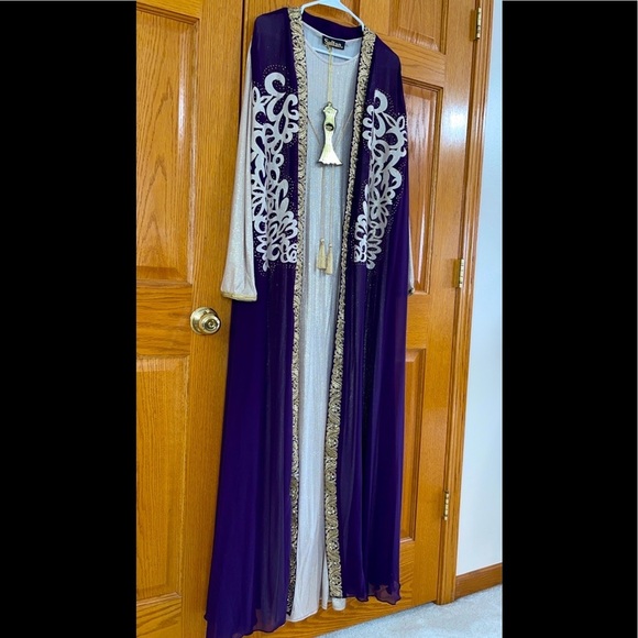 Formal Dress Sizes XL 2XL 3XL 4XL Purple Gold Long Sleeves 2pc Maxi SULTAN Abaya - Picture 4 of 13